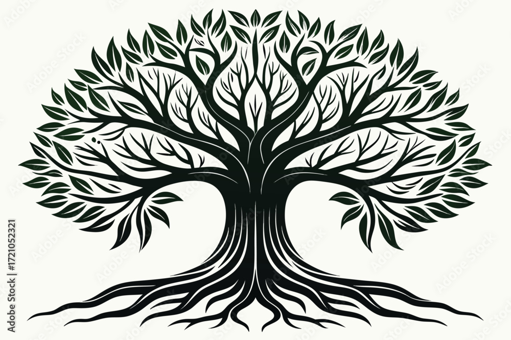 Obraz premium Stylized Silhouette of a Large Tree with Extensive Roots and Green Leaves branches
