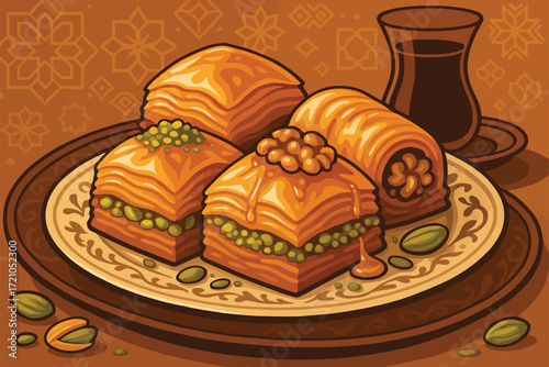 Baklava Dessert Vector Illustration with Pistachios, Honey Drizzle and Middle Eastern Pattern Background