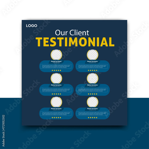 Modern client testimonial social media post template with 'Learn More' button. Perfect for businesses to share customer reviews and build trust. Fully customizable vector illustration.	
