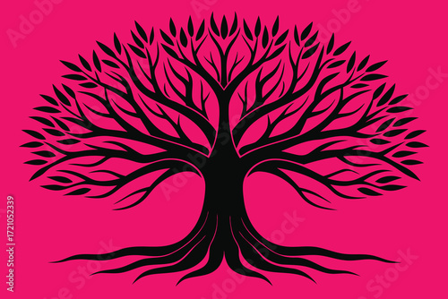 Large black silhouette of a tree with extensive roots and branches on a vibrant pink background