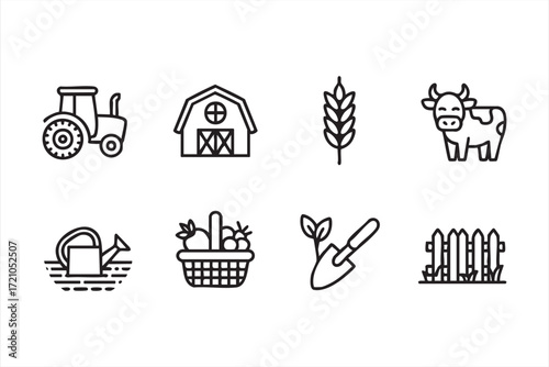 Black outline vector illustrations of farming lifestyle with rural agriculture icons