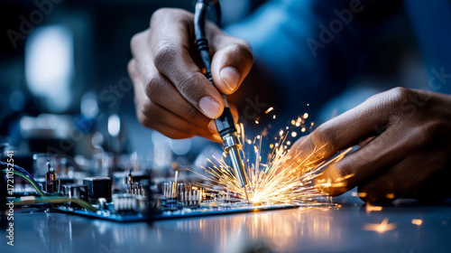 Wallpaper Mural Electrician repairing circuit board with soldering iron, sparks flying. Using soldering tool for the computer parts. Torontodigital.ca