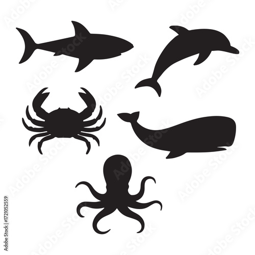 Black Silhouettes of Marine Animals Shark Dolphin Crab Whale and Octopus