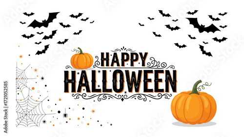 Happy Halloween Banner: A festive Halloween banner featuring grinning pumpkins, spooky bats, and spiderwebs, perfect for adding a touch of eerie elegance to your festive celebrations.