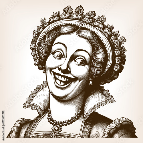 queen in elaborate dress and crown with an exaggerated wide smile and comical hand gesture sketch engraving generative ai fictional character vector illustration. Scratch board. Black and white image.