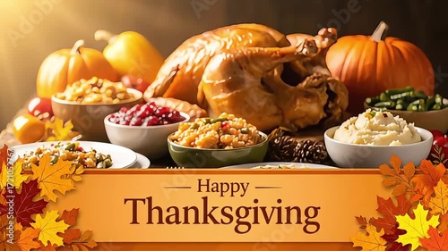Warm and inviting Thanksgiving feast with roasted turkey, pumpkin, and autumn harvest dishes