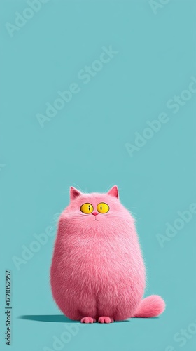 Pink fluffy cat cartoon character staring with wide eyes