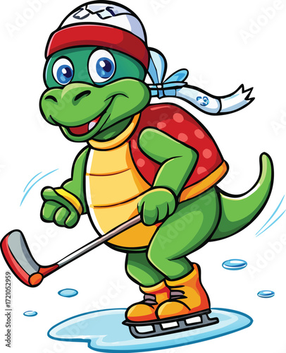 A fun and funny cartoon vector illustration of a happy green turtle character skiing and snowboarding in the winter mountains
