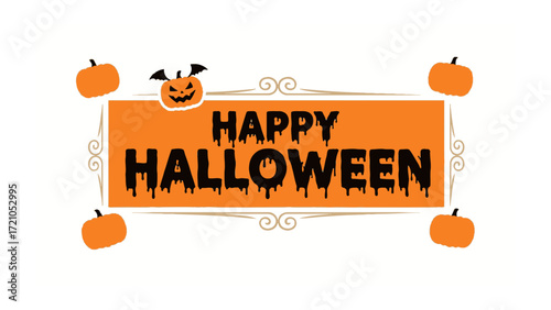 Happy Halloween: A captivating Halloween-themed design, featuring an orange frame with the words Happy Halloween, complemented by carved pumpkin illustrations.