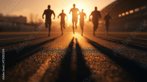 Runners sprinting on track during sunset creating long shadows  