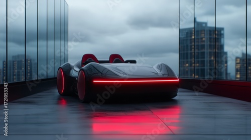 Futuristic sports car with sleek design and glowing lights in a modern city setting at dusk