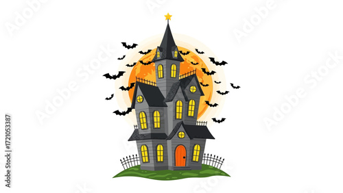 Spooky Haunted House: A chilling Halloween scene, featuring a haunted house under a full moon, a swarm of bats and a touch of horror to evoke the eerie atmosphere of the holiday.