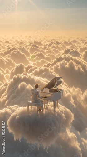 Ephemeral Melodies: A solitary pianist, shrouded in a celestial embrace of clouds, crafts ethereal melodies on a pristine piano, crafting a symphony of serenity.
