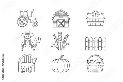 Black vector illustrations of rural lifestyle icons including pumpkin and crops