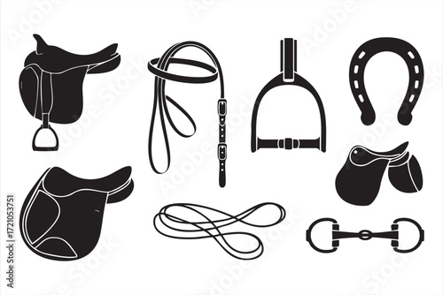Horseback riding icon pack with horseshoe, saddle, reins and bridle graphics