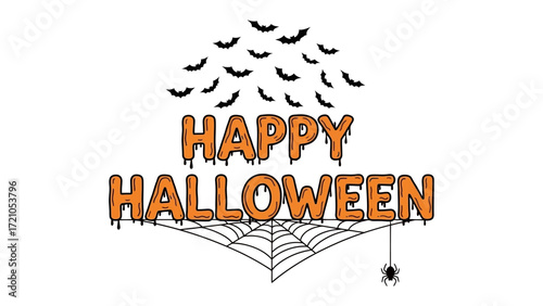 Happy Halloween: A spooky Halloween design featuring Happy Halloween text, a spider web, bats, and spider. A festive and eerie design perfect for Halloween themes.