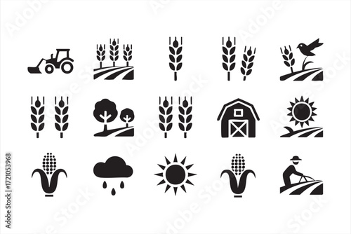 Farming and countryside icon collection with barn, crops, tractor and field graphics