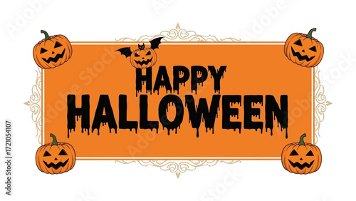 Festive Halloween Greeting: An artful and inviting Happy Halloween design, featuring cheerful pumpkins and bats, perfect for embodying the essence of spooky season.