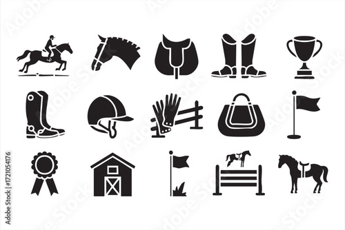 Black vector illustrations of horse, rider, saddle, gloves and competition awards