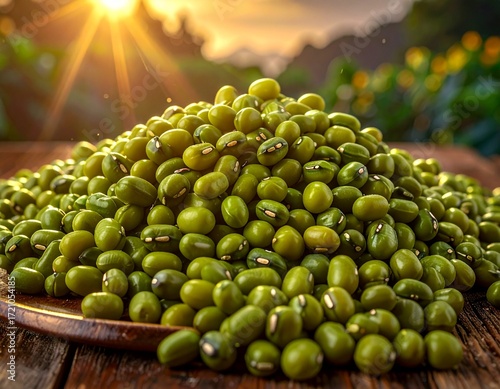 Closeup of fresh green mung beans raw harvest