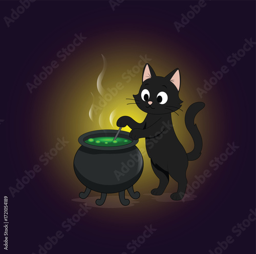 Black cat brewing green potion in a cauldron. Purple and yellow background. Vector illustration.