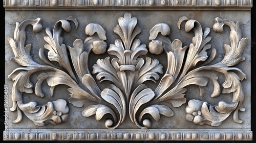 3D render of elaborate, ornate, stone foliage design with scrolls and petals.
