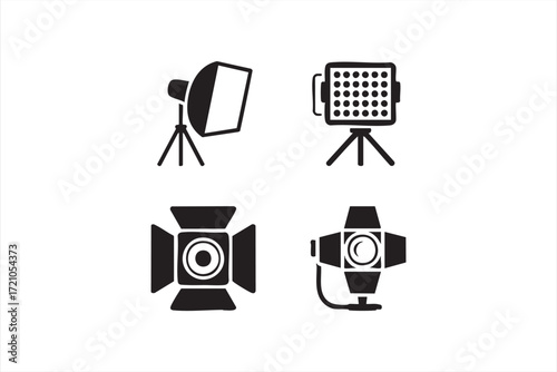 Vector black silhouette photography lights and film production equipment pack