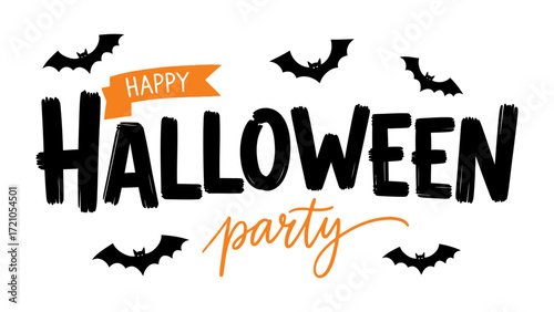 Happy Halloween Celebration: A whimsical Happy Halloween Party with bat silhouettes dancing around, invites viewers to indulge in a spooky, yet fun, festivity. 
