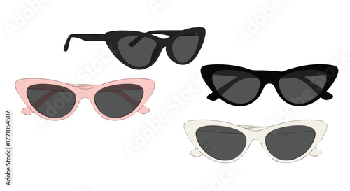Four pairs of cat-eye sunglasses in black, pink, and white, displayed against a white background.