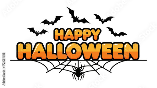 Spooky Halloween: The words Happy Halloween are centered with a festive font, adorned with bat silhouettes and spiderweb details, capturing the spirit of the holiday. 