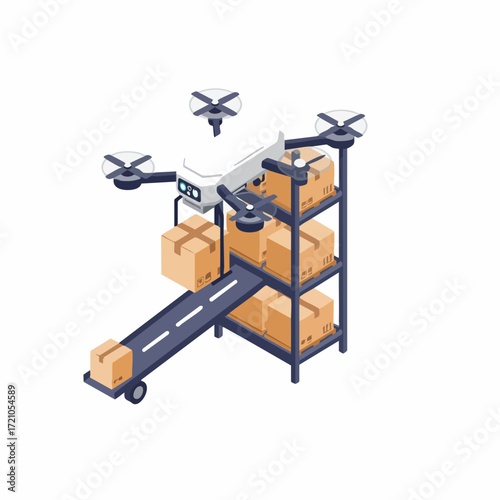 Isometric Detailed Drone Delivery System with Conveyor Belt and Boxes Illustration