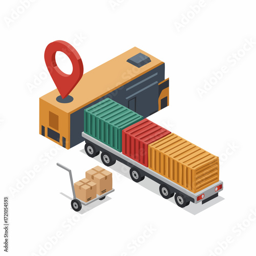 Isometric Detailed Truck with Container Delivery Logistics and Location Pointer