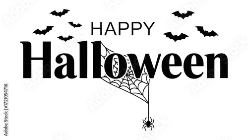 Happy Halloween Celebration: A creative illustration features an elegant Happy Halloween banner accompanied by bats, a spiderweb, and spider, perfect for spreading festive cheer.