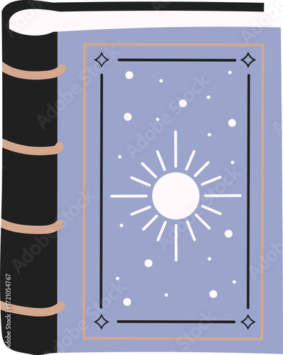 Mystical blue hardcover book with a celestial sun and stars design on its cover.