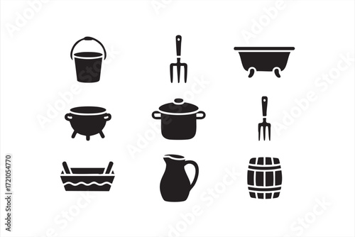 Agriculture and rural lifestyle icon pack with jug, cauldron, tub and bucket