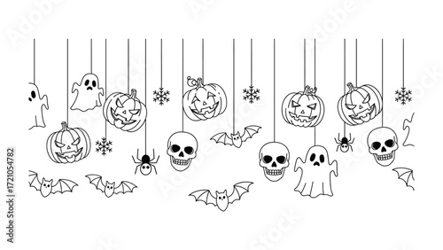 Halloween Decoration: A whimsical display of hanging Halloween-themed decorations, including carved pumpkins, playful ghosts, grinning skulls, and spooky bats.