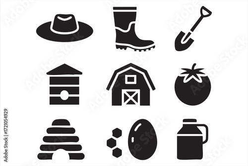 Farm and agriculture icons set with barn, boots, shovel, beehive and food items