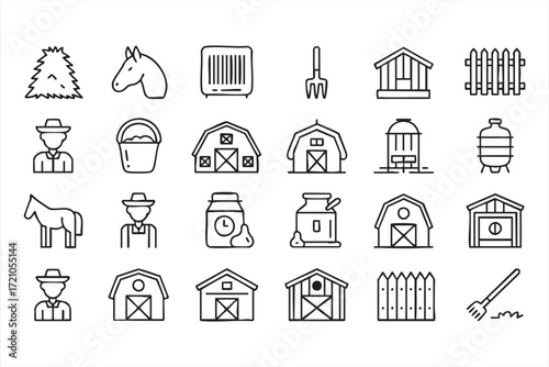 Farm barn and agriculture line icons pack with farmer, horse and rural tools