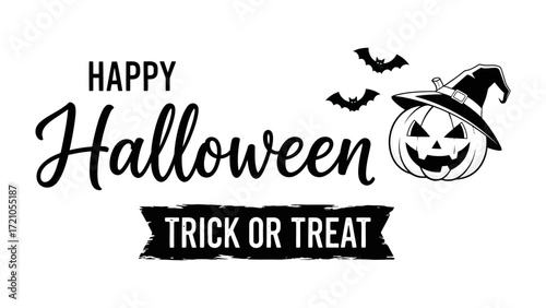 Halloween Greeting Illustration: A festive illustration with the words Happy Halloween and Trick or Treat, complemented by a carved pumpkin wearing a witch's hat and three bats.