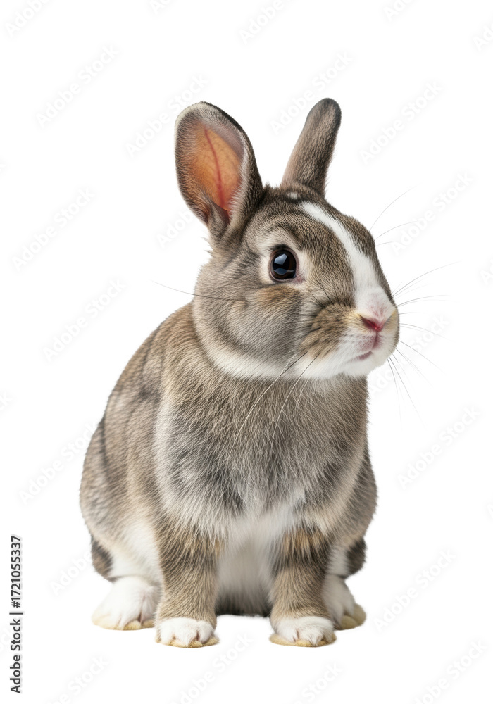 Fototapeta premium A small cute domestic rabbit with soft grey-brown fur and white markings, sitting calmly in a plain white studio with ample copy space, peaceful cuteness concept
