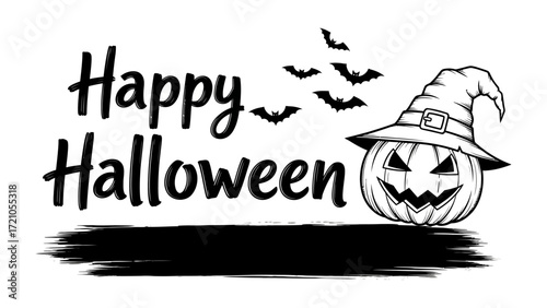 Halloween Festive Delight: A whimsical illustration of a pumpkin and witch's hat with the message Happy Halloween, perfect for seasonal greetings and festive designs.
