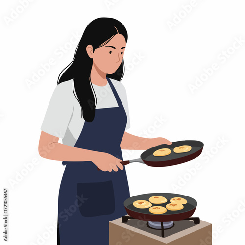 Flat Illustration of Woman Cooking Pancake on Stove in Kitchen