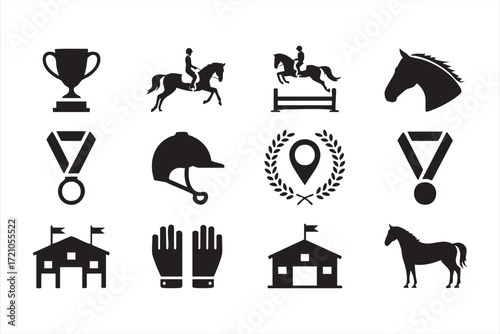 Horse sport and equestrian training symbols set, vector black silhouette icons