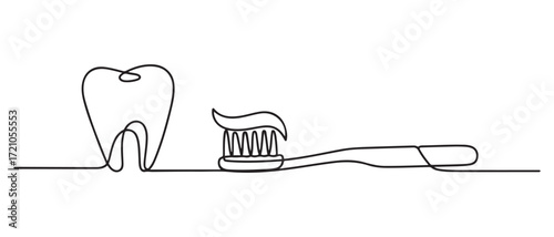 One continuous single drawing line art flat doodle dental, care, tooth, toothbrush, Line art. one line Icon drawing with white background