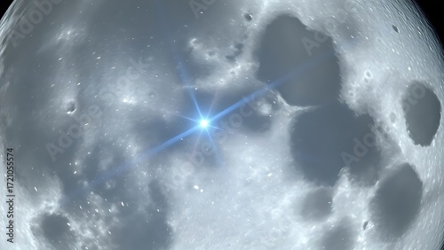 Lunar surface with crystalline craters refracting blue starlight in close-up.