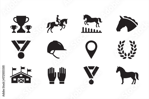 Equestrian sport icons set with horse riding, competition and award symbols