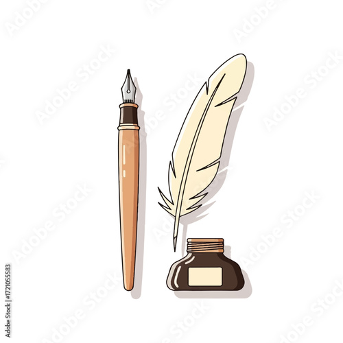 Illustration of a quill pen, inkwell, and feather on a white background in a classic, educational style with earthy tones.