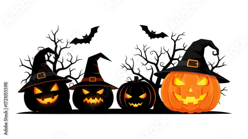 Enchanting Halloween pumpkins : An eye-catching illustration of four Halloween pumpkins, each donning a witch hat and carved with eerie faces. Bats are flying in the sky.&#x20;
