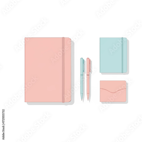 Overhead view of assorted pastel-colored stationery items including notebooks, pens, and an envelope on a plain white background.