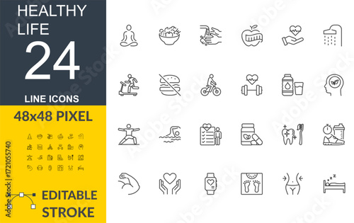 Healthy Life Line Icons, Editable Stroke Collection, Wellness, Fitness, Nutrition, Self Care Thin Line Icons, Yoga, Healthy Food, Heart, Lifestyle Minimal Icon Set